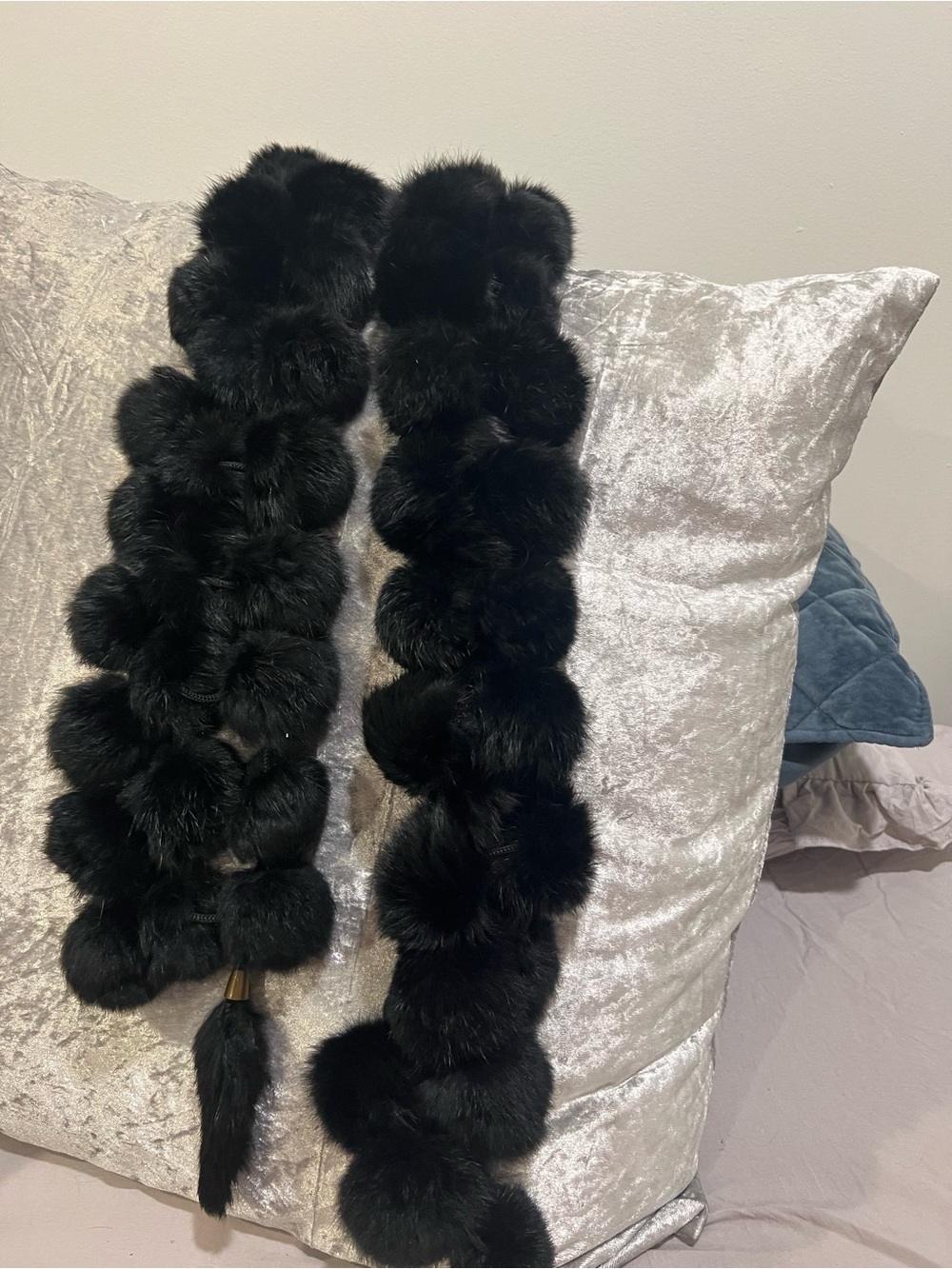Black Pom-Pom Rabbit Fur Scarf - Luxurious Winter Accessory